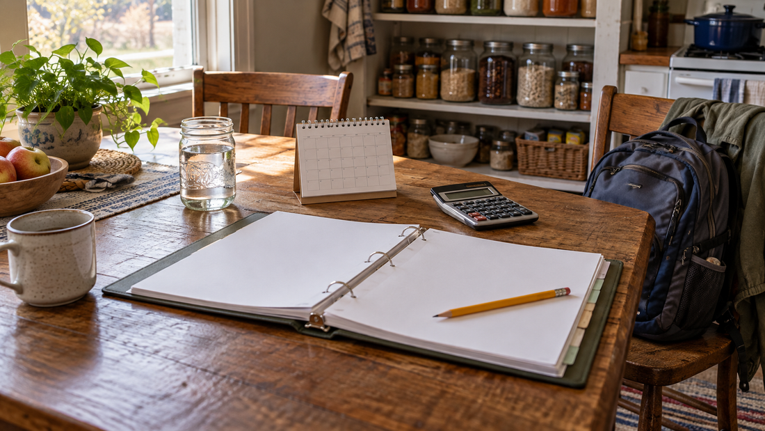 Open planning binder, pencil, calendar and calculator on a kitchen table beside a backpack and pantry shelves.