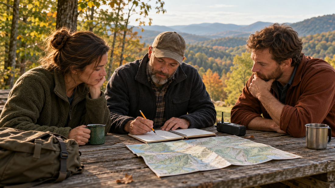 Three people conducting an after-action review around a map and notebook in the Appalachian mountains