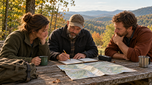 Three people conducting an after-action review around a map and notebook in the Appalachian mountains