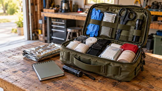 Open emergency medical kit with gauze, gloves, trauma shears, flashlight, blanket, and notebook arranged on a wooden workbench