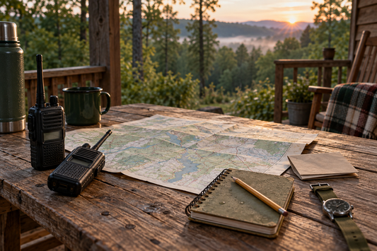 Two handheld radios, a map, notebook, pencil and watch arranged on a wooden porch table for an emergency communications planning session