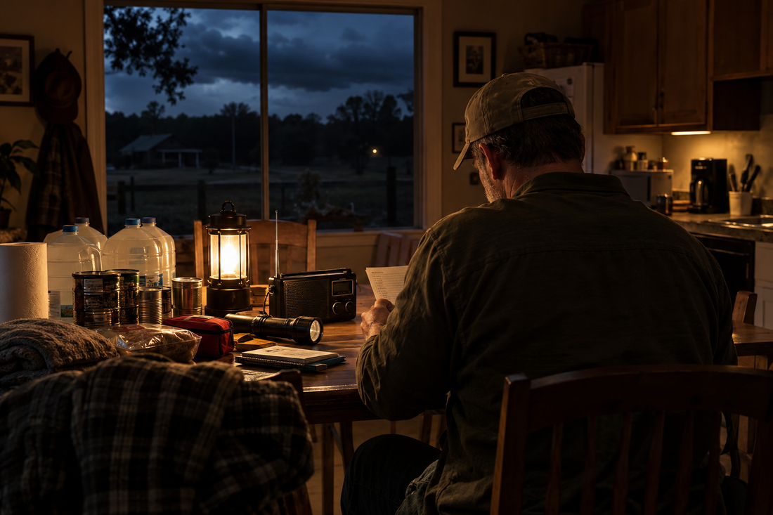 A man reviewing an emergency checklist by lantern light during a rural power outage