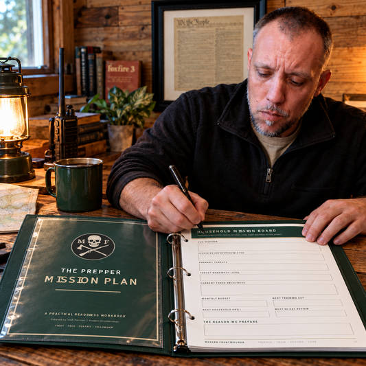 Josh Fortner completing The Prepper Mission Plan in a binder